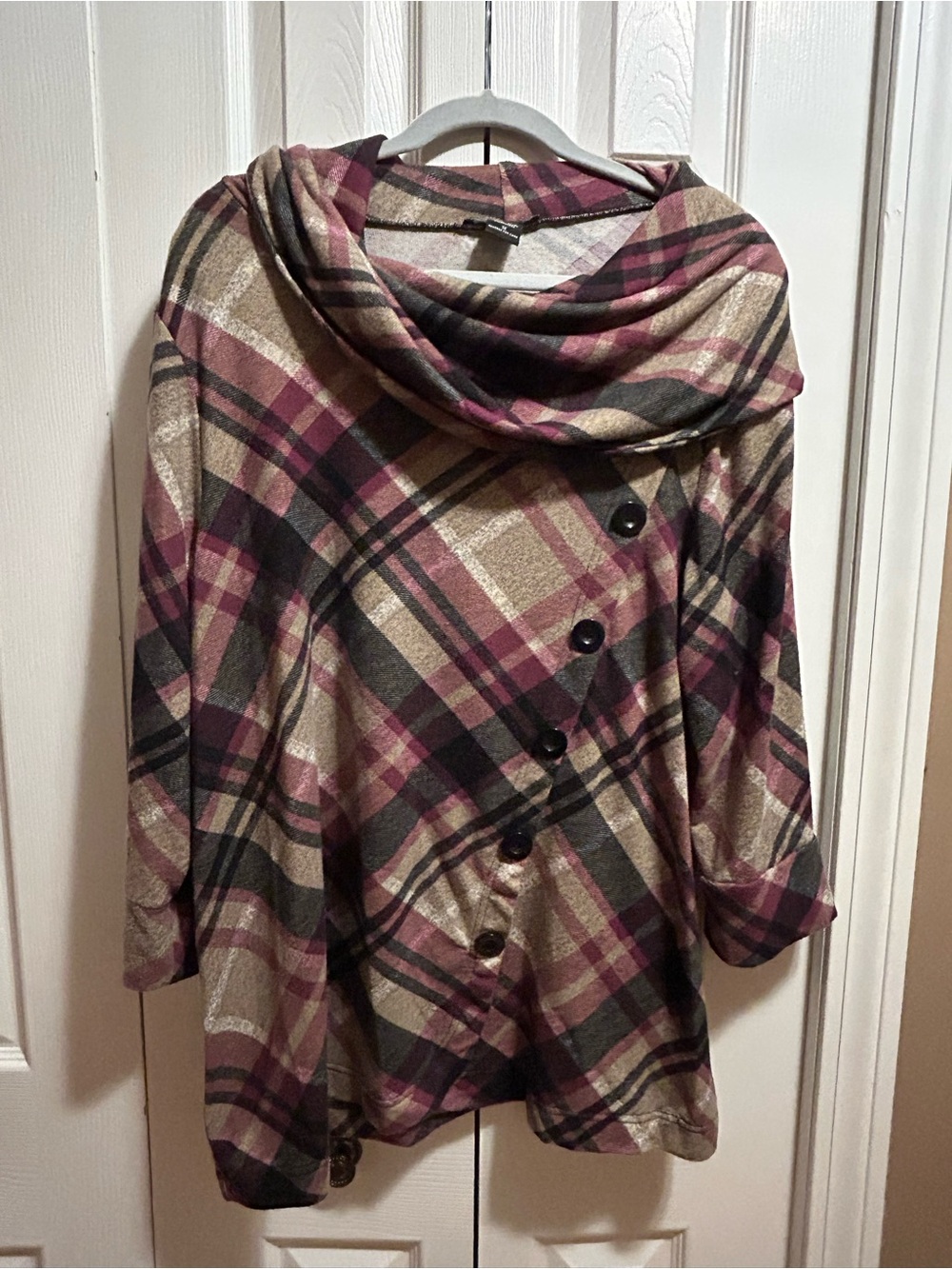Robert Louis Burgundy and Tan Plaid Cowl Neck Tunic